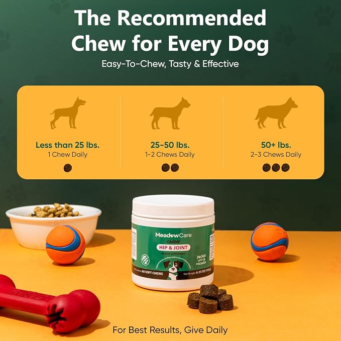 Hip and Joint Supplement for Dogs | MSM, Chondroitin & Glucosamine for Dogs | Supports Bone, Cartilage & Connective Tissue Health | Dog Joint Supplement | 60 Soft Chews180 g (6.35 oz) | MeadowCare