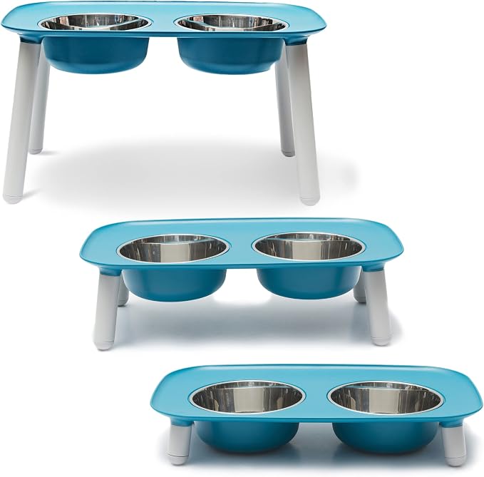 Messy Mutts Elevated Double Dog Feeder, Adjustable Height, Blue | Adjustable-Height Elevated Double Dog Feeder With Two 5 Cup Stainless Bowls, Legs Set To 3, 5, Or 10 Inches