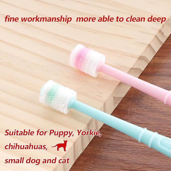 DQITJ 2 Pcs 360-Degree Small Dog and Cat Toothbrush, Bristle Diameter 0.51", Soft Silicone Deep Pet Teeth Cleaning Kit (Colors May Vary)