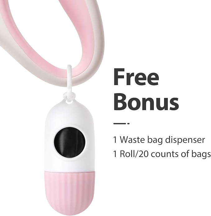 Fida Retractable Dog Leash for Small Breed up to 26 lbs, 16 ft Pet Walking Leash with Dispenser and Poop Bags, Anti-Slip Handle, Reflective Strong Nylon Tape, One-Handed Brake (S, White & Pink)
