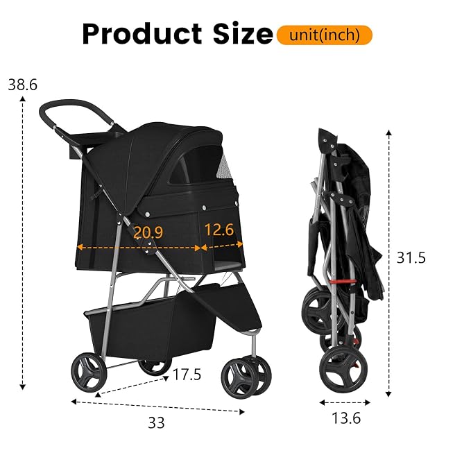 BestPet 3-Wheel Pet Stroller - Black