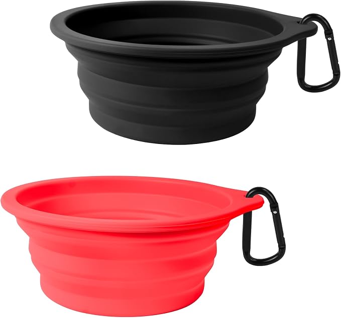 PetBonus Collapsible Dog Bowls, 2 Pack, Black, Red