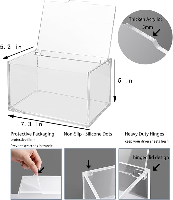 rejomiik Large Dryer Sheet Holder, Dryer Sheet Dispenser with Lid, Clear