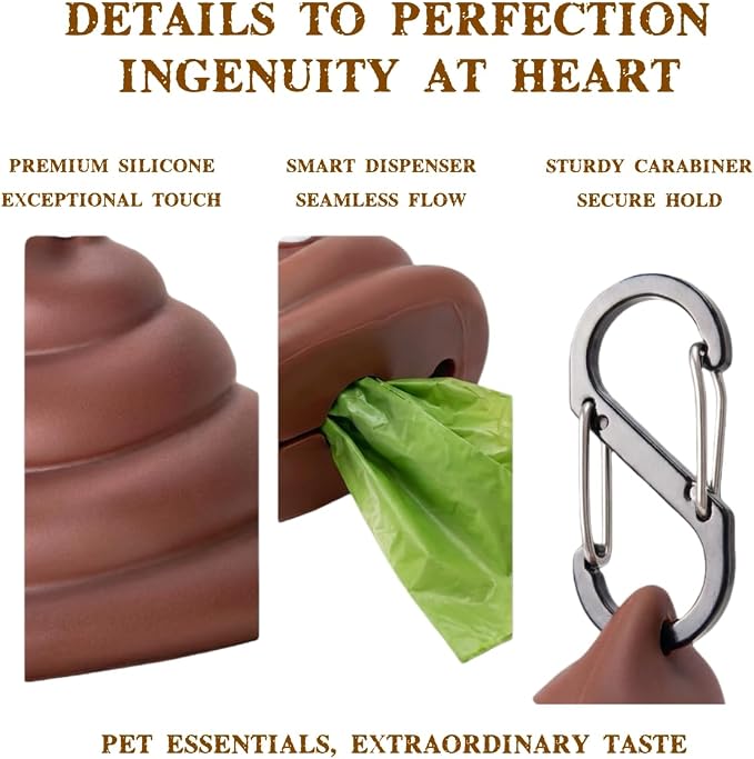 Dog Poop Bag Holder for Leash, Cute Poop Shape Design, Sturdy Dispenser Includes 1 Roll 15 Waste Bags