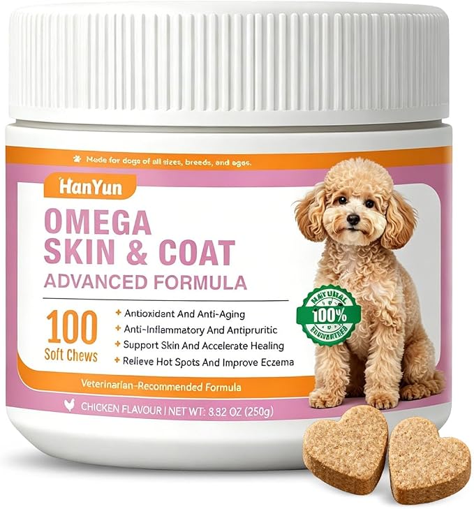 Omega 3 Skin and Coat Supplement for Dogs,100 Chews Fish Oil for Dogs Chews - Allergy and Itch Relief - Anti Shedding Supplement - Dry Skin Treatment - Salmon Oil