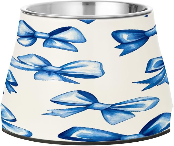 YETTASBIN Blue Bow Elevated Dog Bowls, Prevention of Vertebrae Disease Raised Dog & Cat Bowl Stand with Removable Stainless Steel Bowls, Non-Slip Spill-Proof Pet Food & Water Bowl Dish