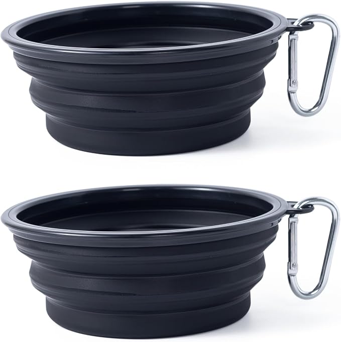 Dog Bowl Collapsible, 2 Pack, with Carabiners, Medium, Black+Black