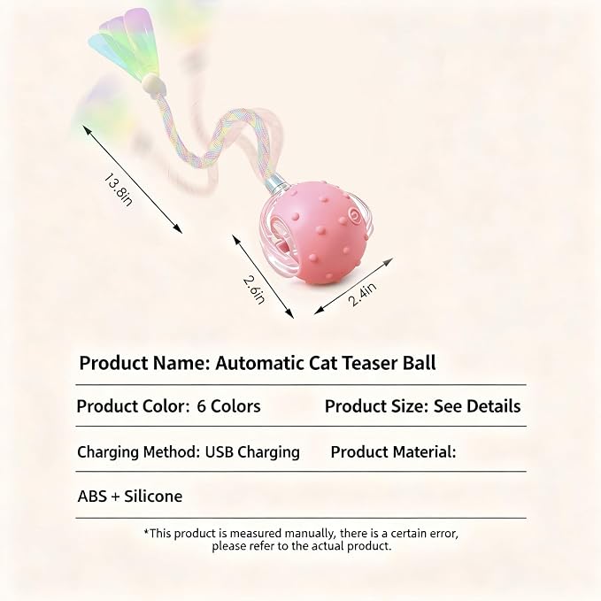 Automatic Chirping Cat Ball, 3 Interchangeable Tails for Indoor Cats, Pink | Self-moving interactive cat toy, entertains bored kittens, automatic self-play enrichment for indoor cats