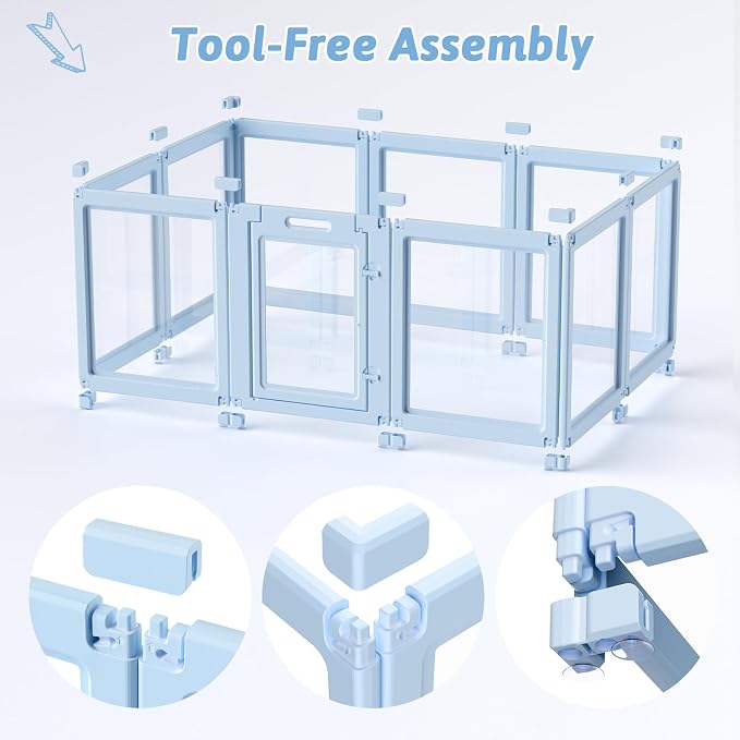 DIY Clear Acrylic Dog Playpen House,Quick Easy Assembly and Disassembly,Strong Floor Suction,Indoor and Outdoor Use,Easy Cleansing Puppy Fence (Sky Blue, 23.6" H, 10PCS)