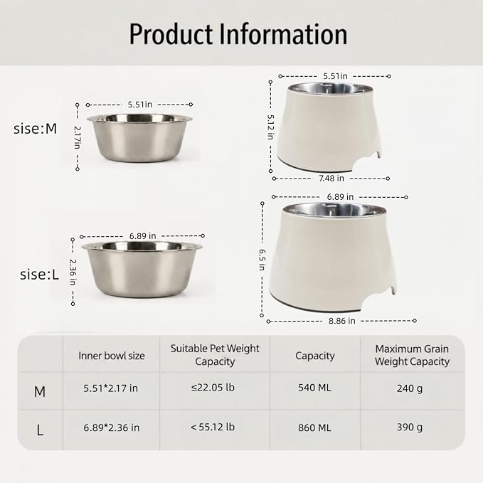 Elevated Single Dog Bowl with Stainless Steel Bowl, Orthopedic Neck Protection Non-Slip Pet Food & Water Bowl for Small Medium Dogs, Cone Friendly, Senior Spaniel Long-Eared Dogs (White, Size M)