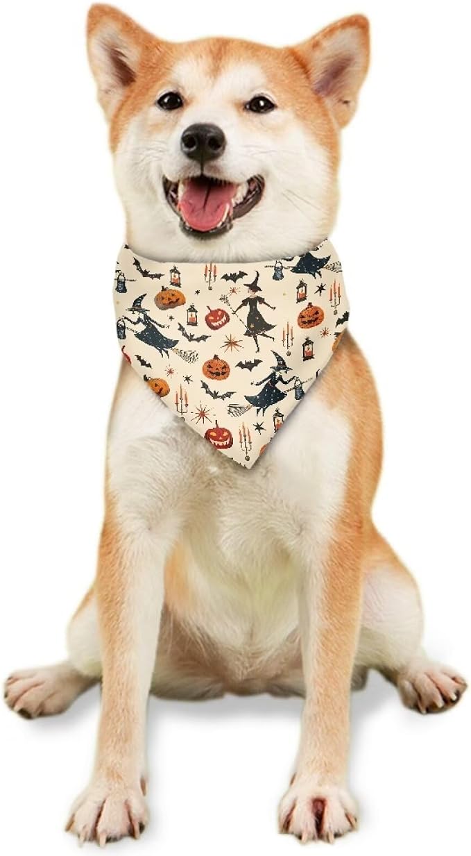 Jeiento Halloween Dog Bandana Pet Accessories Fly Witch Pumpkin Pet Scarf Reversible Triangle Dog, Small, Polyester