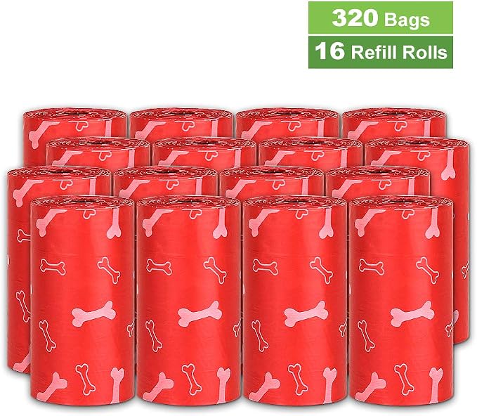 Parisian Pet Ecofriendly Dog Poop Bags Rolls - 320 Count Unscented Poop Bags For Dogs - Leakproof, Extra Thick, 16 Dog Waste Bags Refill Rolls - Printed Bones Red Doggie Poop Bags