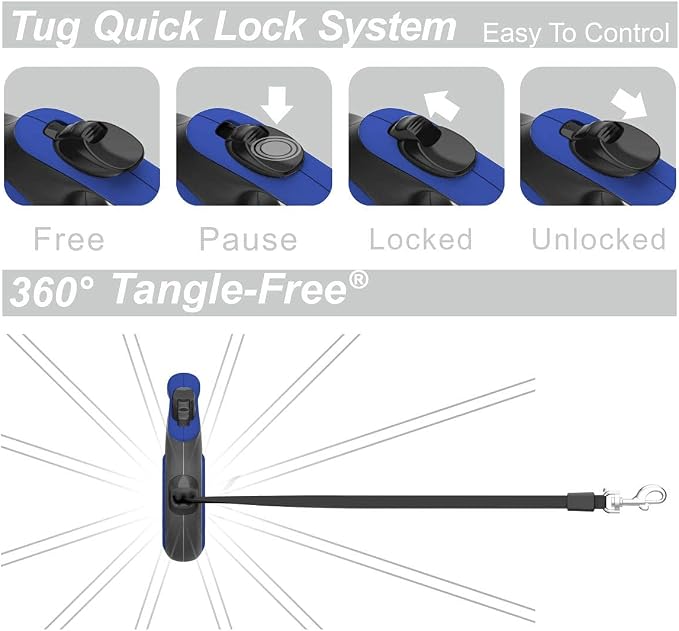 TUG Tiny Retractable Dog Leash, 10 ft (Extra Small, Blue) | 360° Tangle-Free Retraction, 10 ft Tape, Quick Thumb Lock, Anti-Slip Handle, For Pets Under 26 lbs