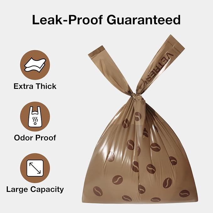 VETRESKA Dog Poop Bags with Handles 120 Count, Coffee Scented Waste Bags, Leak-Proof Thick Dog Bags for Poop, Easy-Tie Large Poop Bags, 8 Refill Rolls for Dog Walking Cat Litter