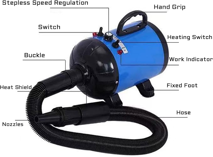 Pet Dryer for Dog, High Velocity Dog Hair Dryer, Less Noise Dog Blow Dryer, Professional Pet Grooming Dryer,Stepless Adjustable Speed, Heat Insulation, 4 Different Nozzles