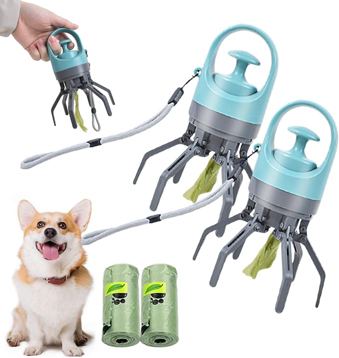 Quick Scoop Poop Scooper, Portable Dog Pooper Scooper, Easy Claw Pick up Tool for Dogs, Leak-Proof Waste Bag Holder for Outdoor Walks (Blue+Blue)
