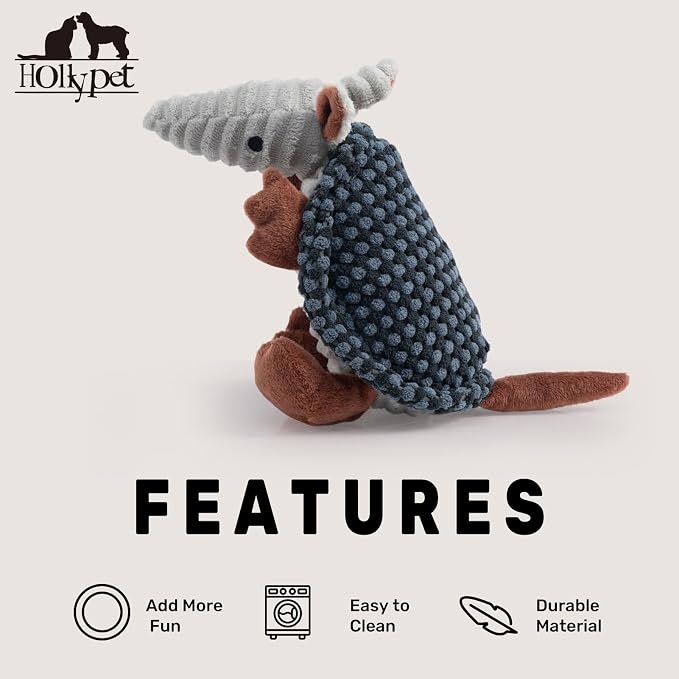 Hollypet Armadillo Squeaky Puppy Dog Toys for Small Medium Dogs, 8" | plush stuffed small dog squeak animal toy with unique grunt squeaker textured fabric for teeth cleaning toys