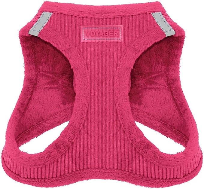 Voyager Step-in Plush Dog Vest Harness -Fuchsia Corduroy, Medium | 16 - 18" in Chest, Soft Plush, Reflective Bands, Cold-Weather Harness, Cats Compatible. Step-In Style,