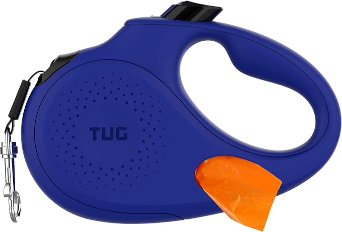 TUG Oval 360° Tangle-Free Retractable Dog Leash with Integrated Waste Bag Dispenser (Small, Blue)