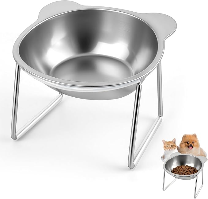 15° Tilted Elevated Cat Bowl - Silent Stainless Steel Raised Cat Dish with 1M DIY Noise-Canceling Strip - Anti-Vomiting & Neck Protection - 304 Food Grade Metal Cat Bowl, Dishwasher Safe