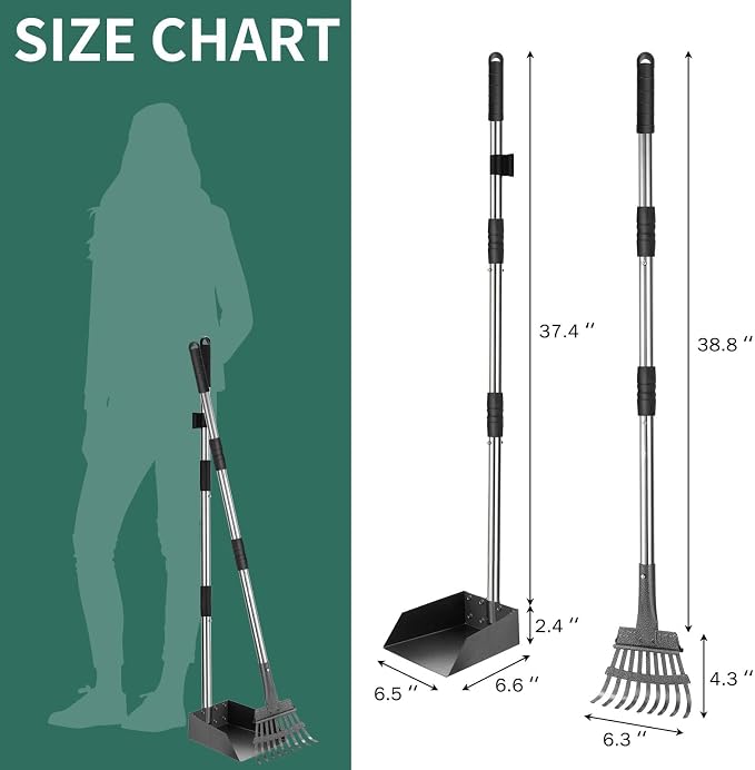 SCENEREAL Dog Pooper Scooper for Yard-Tray & Rake Set, Long Handle Metal Poop Scooper for Large Medium Small Dogs, Pet Waste Removal Scoop with No Bending Detachable for Outdoor Grass Dirt Gravel