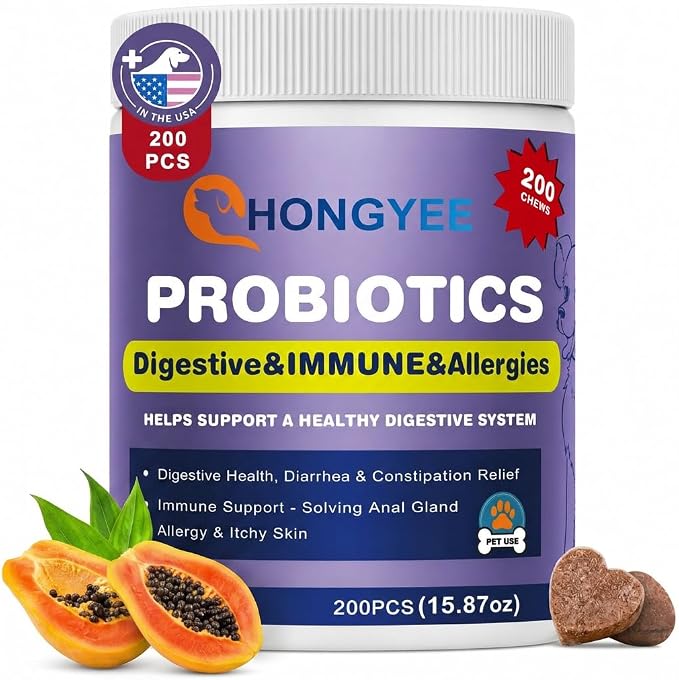 Probiotics for Dog 200 chews,Enzymes and Gut Support,Anti-Diarrhea,Promotes Digestive Health,Seasonal Allergies,Immune System,Probiotics with Papaya, Pumpkin, and Krill Oil- Vet Approved