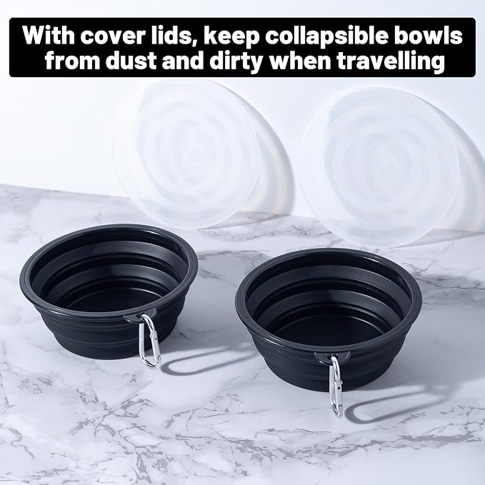 SLSON Dog Bowls Collapsible with Cover Lids, 2 Pack, Black and Black, Medium