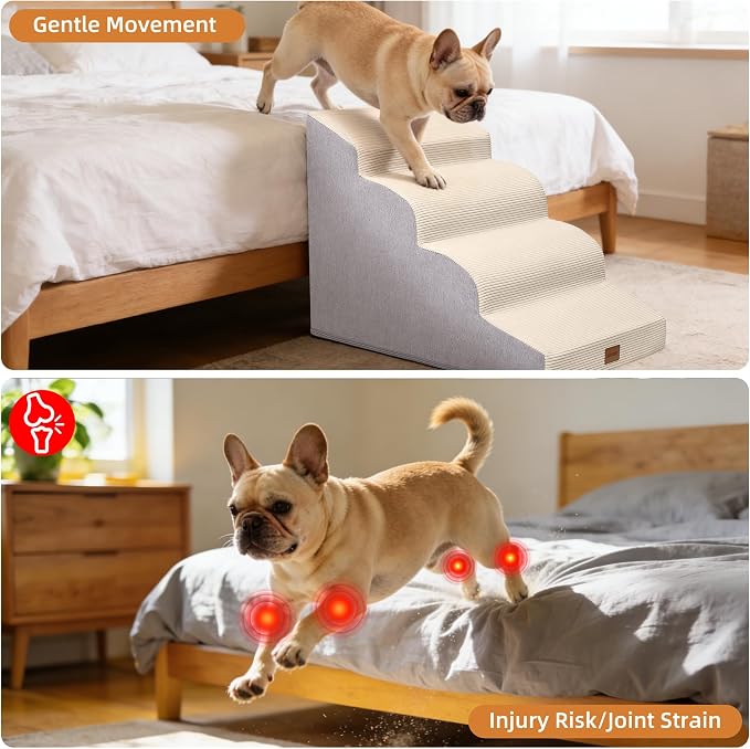 Dog Stairs for Small Dogs,19.7" H,4-Step Curved Pet Ramp for Bed Couch Sofa and Chair,Non-Slip Pet Steps for Injured & Senior Pets with Washable Cover and Durable High Density Foam,Beige