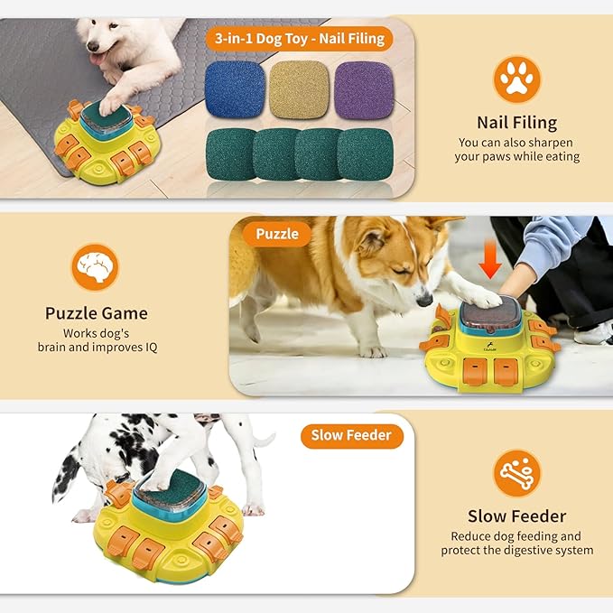 Dog Puzzle, 3-in-1 Dog Toy: Interactive Dog Toys, Puzzle, Slow Feeder Dog Bowls & Nail File Yellow