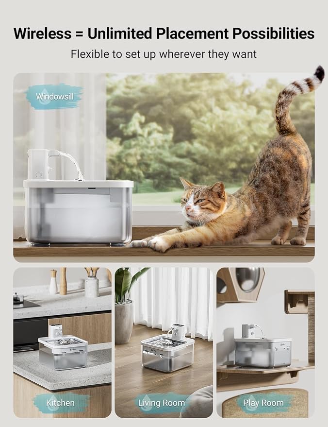DownyPaws Cat Water Fountain Cordless, 84oz/2.5L Fursink Wireless Pet Water Fountains for Cats Indoor, Battery Operated Cat Drinking Fountain with Motion Sensor, Ultra Quiet Pump, BPA-Free, White Pro