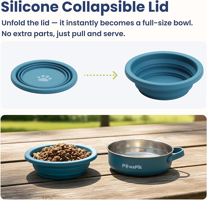 PawsPik 2-in-1 Travel Dog & Cat Bowl, Stainless Steel & Silicone, Midnight Summit Blue