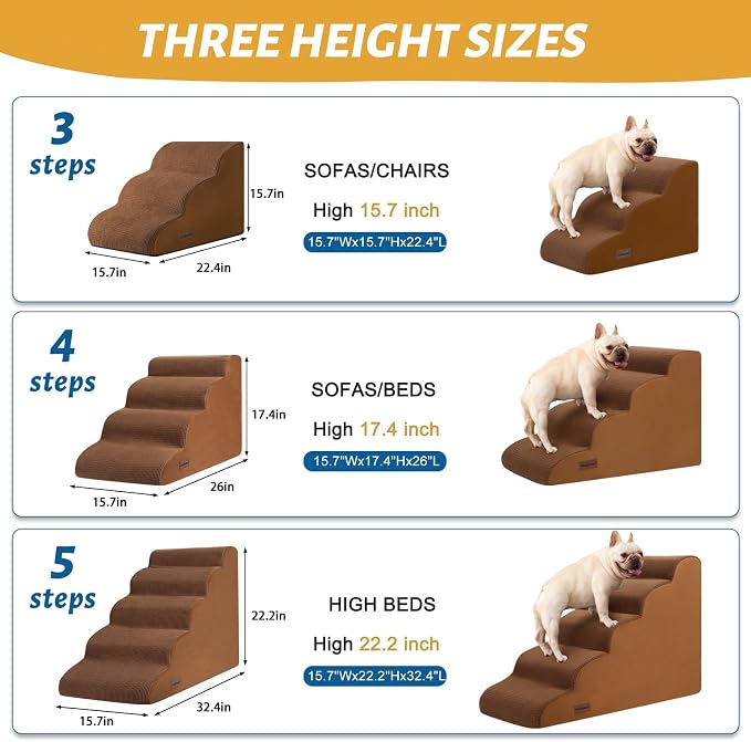 Aodisman 4-Step Dog Stairs and Ramp for Beds or Couches – Non-Slip Sturdy Pet Steps for Small Dogs and Cats,17.4" H,Brown
