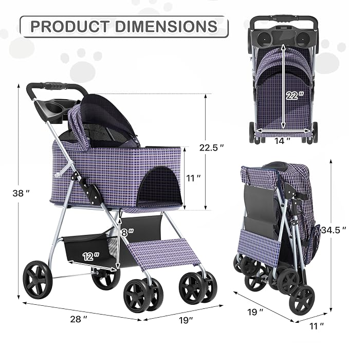 MoNiBloom 3-in-1 Foldable Pet Stroller - Plaid, up to 33lbs