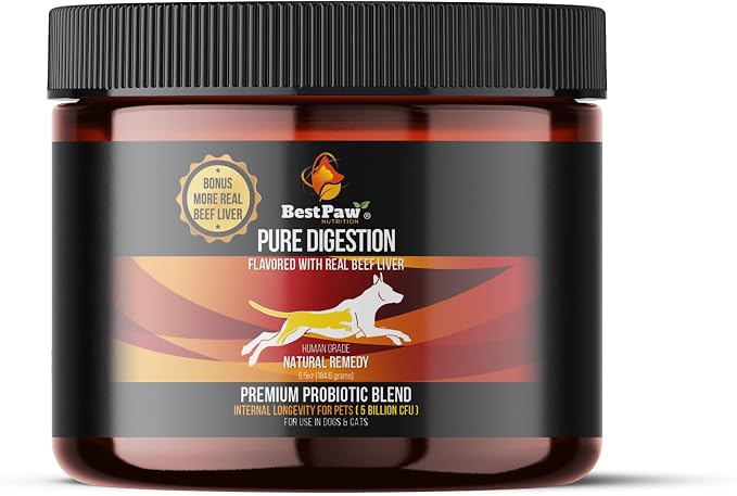 Best Paw Nutrition Probiotics for Dogs | Digestive Enzymes and Probiotics Powder | Beef Liver Flavor | Pumpkin, Turmeric and Prebiotic FOS | Gut Health Food Topper for Dogs and Cats | 6.5oz