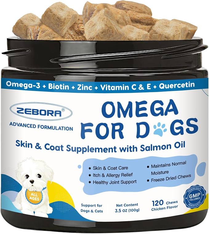 ZEBORA Omega 3 Salmon Oil for Dogs, Healthy Skin & Coat, 120 Chews