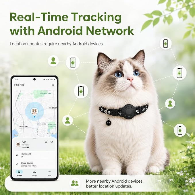 GPS Tracker for Cats, Cat Collar with Tracker for Android Users – No Monthly Fee, Google Find Hub Cat GPS Tracker Collar, IP67 Waterproof, Replaceable Battery Lasts 1 Year
