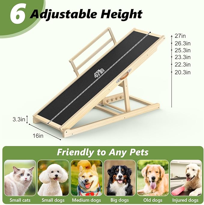 Dog Ramp for Bed, Sofa & Car, for Senior, Injured & Small to Large Dogs | 6 Height Settings (20.3"-27") , Non-Slip Carpet Surface , Solid Wood 200LB Capacity, Foldable with Side Safety Rails