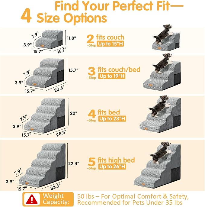 Topmart High Density Foam Dog Stairs 4 Tiers,Extra Wide Deep Pet Steps,Non-Slip Pet Stairs,Dog Ramp for Bed,Best for Older Injured,Older Pets,Cats with Joint Pain