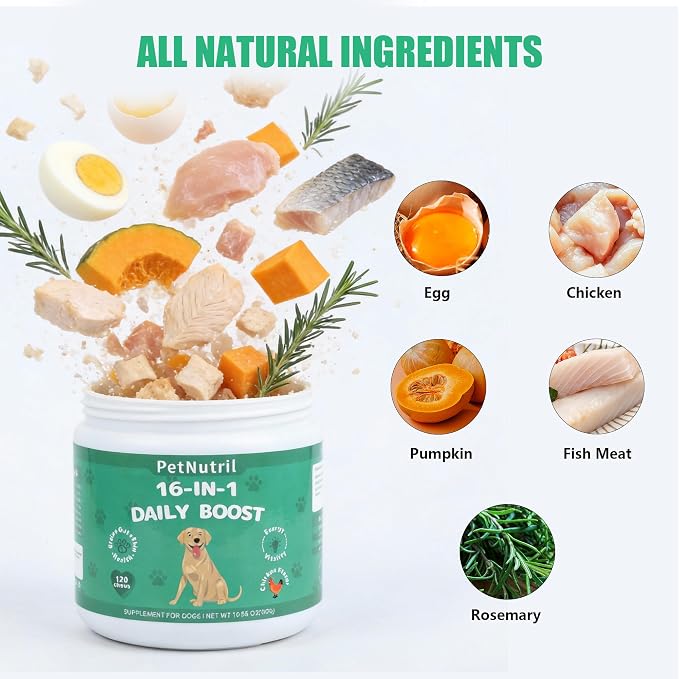 Dog Vitamins and Supplements, 16 in 1 Multivitamins Essential Dog Vitamin Minerals Chewable with Omega-3 Fish Oil Glucosamine Probiotics for Pet Hip Joint Skin Coat Digestion Health, 120 Chews