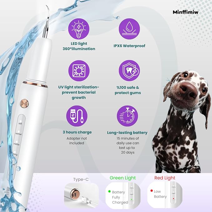Dog Plaque Remover for Teeth - Electric Tartar Remover with LED Light, 5 Adjustable Modes, Dog Teeth Cleaning Kit, Safe Pet Tooth Cleaner, Dental Care Tool for Dogs