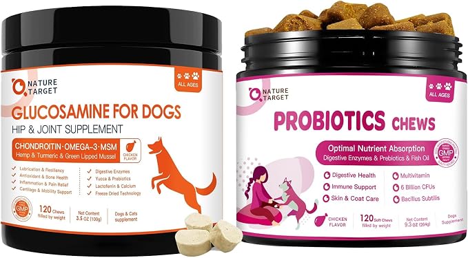 NATURE TARGET Glucosamine Joint Supplement Bundle with Probiotics for Dogs