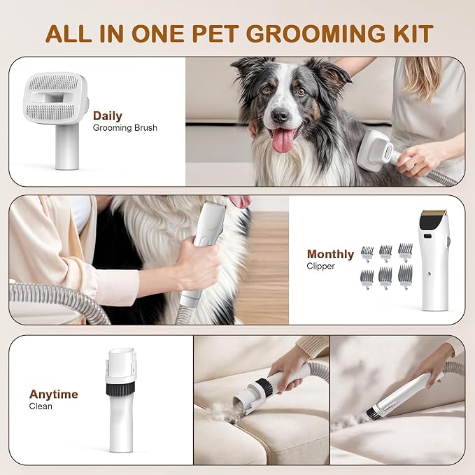 Dog Grooming Vacuum, Dog Grooming Kit with Pet Clipper Nail Grinder, 3 Suction Modes Dog Brush Vacuum with 6 Pet Grooming Tools (Alabaster)