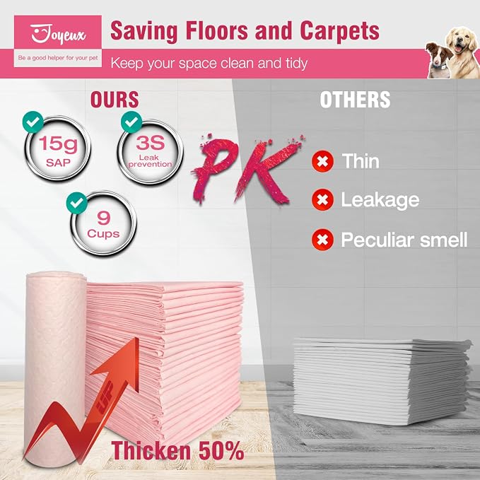 Joyeux Extra Large Puppy Pads, Super Absorbent, Ultra Leak-Proof, Quick Dry - 31.5" x 35.4" Pee Pads for Dogs - Dog Pads for Potty Training, 40 Count, Unscented, Pink, XXL