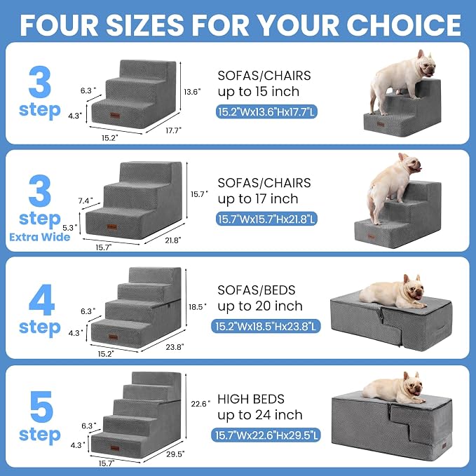 Aodisman Dog Stairs for Small Dogs & Cats,3-Step Extra Wide Non-Slip Pet Steps for Couch Sofa and Chair,Grey,15.7" H