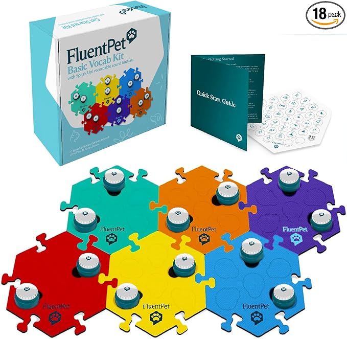 FluentPet Speak Up! Key Vocab Kit, 12 Buttons & 6 HexTile Mats