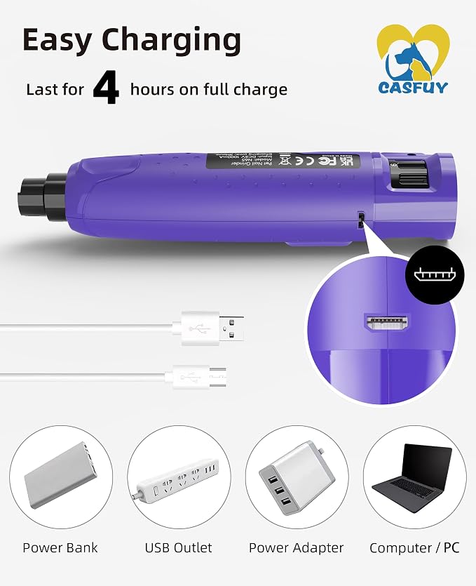 Casfuy 6-Speed Dog Nail Grinder with 2 LED Lights & Dust Cap