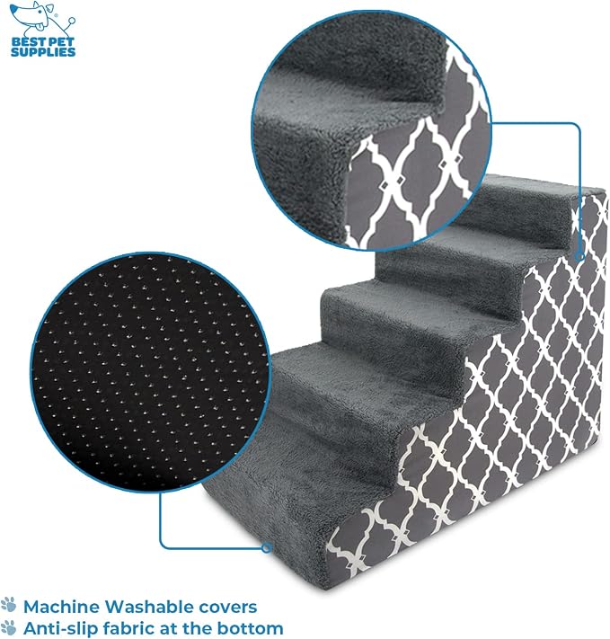 Best Pet Supplies Foam Pet Steps Cover for Small Dogs and Cats, Portable Ramp Stairs for Couch, Sofa, and High Bed Climbing (Cover Only) - Gray Lattice, 5-Step (Cover Only)