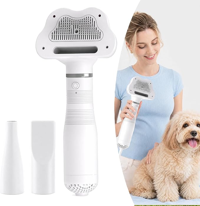 Pet Hair Dryer Brush, Dog Slicker Grooming Blower with Adjustable Temperature & Low Noise, Portable Pet Hair Dryer Comb for Small Medium Dogs Cats, Fast Drying & Detangling for Long/Short Haired Pets