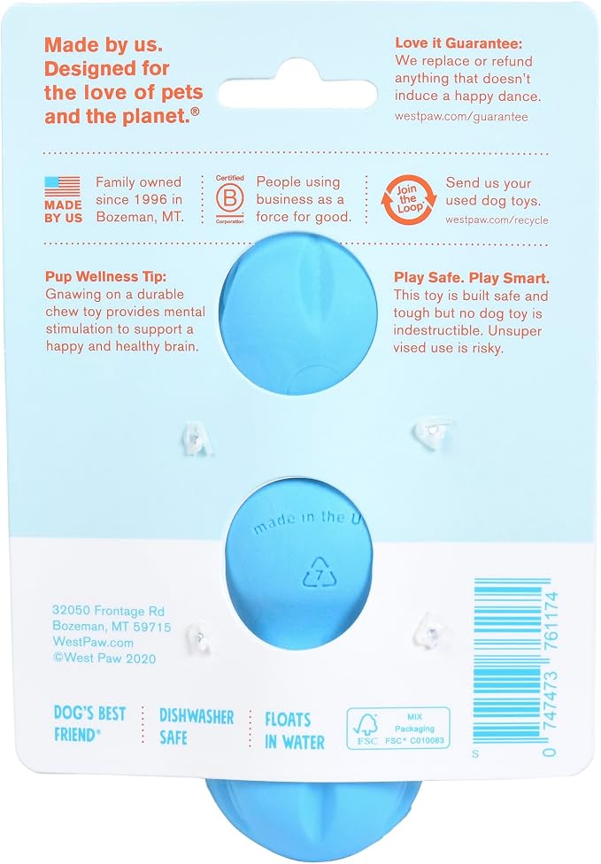 WEST PAW Zogoflex Rumpus Dog Chew Toy – Floatable Toy for Dogs, Aggressive Chewers – Puppy Chewing Toys for Catch, Fetch – Recyclable, Dishwasher-Safe, Small 5.25", Aqua Blue