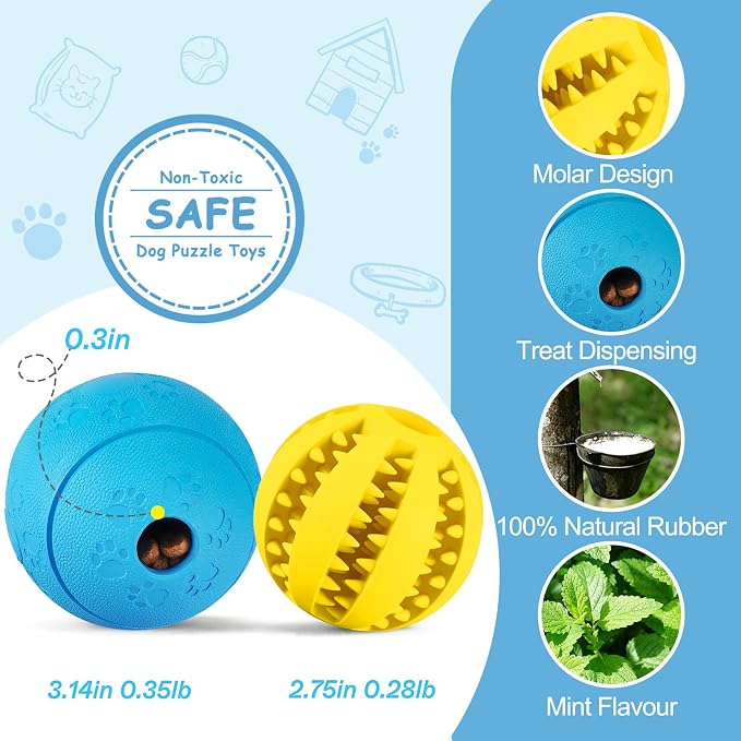 HIPPIH Dog Puzzle Toy 2 Pack, Interactive Dog Toys for Treat Dispensing | Durable Puppy Enrichment Toys, Dog Treat Ball for Teething, Slow Feeder, IQ Training, Yellow-2.75'', Blue-3.14''